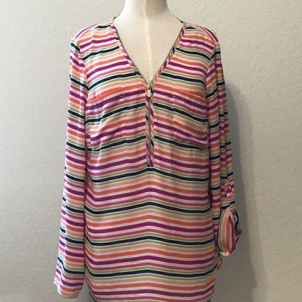 Zac & Rachel Multi Color Stripe Tunic Top Zipper V Neck Roll Tab Sleeve Size L